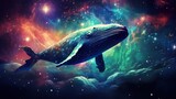 colorful stylish illustration of fantastic whale swimming in outer space with stars and nebulas, fantasy mammal in colourful cosmos