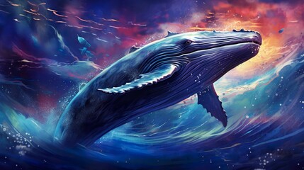 Sticker - colorful stylish illustration of fantastic whale swimming in outer space with stars and nebulas, fantasy mammal in colourful cosmos