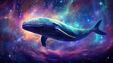 Canvas Print - colorful stylish illustration of fantastic whale swimming in outer space with stars and nebulas, fantasy mammal in colourful cosmos