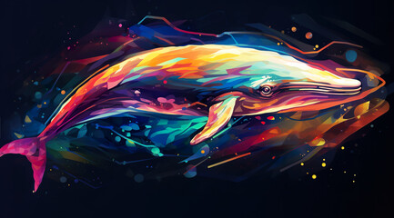 Sticker - colorful illustration of magic fantasy whale swimming in open space or underwater