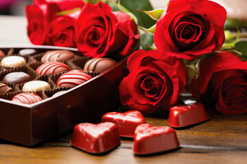 Wall Mural - Romantic Valentine's Day Composition with Red Roses and Heart-Shaped Chocolate Box