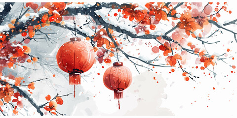 Wall Mural - Vector watercolor illustration branches with Chinese lanterns，winter branches，Christmas branches，Chinese new year