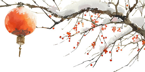 Wall Mural - Vector watercolor illustration branches with Chinese lanterns，winter branches，Christmas branches，Chinese new year