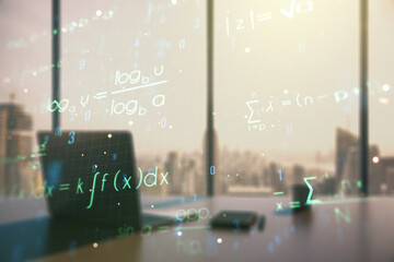 Aufkleber - Double exposure of creative scientific formula concept and modern desktop with laptop on background, research and development concept