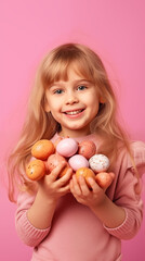 Wall Mural - 16:9 or 9:16 Cute girl playing with eggs on Easter day.for backgrounds screens greeting card or other High quality printing projects.