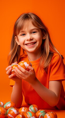 Wall Mural - 16:9 or 9:16 Cute girl playing with eggs on Easter day.for backgrounds screens greeting card or other High quality printing projects.