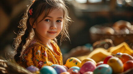 Wall Mural - 16:9 or 9:16 Cute girl playing with eggs on Easter day.for backgrounds screens greeting card or other High quality printing projects.