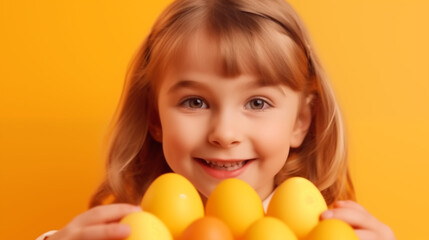 Wall Mural - 16:9 or 9:16 Cute girl playing with eggs on Easter day.for backgrounds screens greeting card or other High quality printing projects.