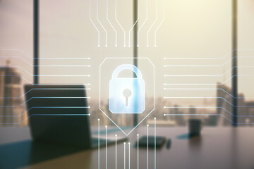 Poster - Double exposure of creative lock hologram with chip and modern desktop with laptop on background. Information security concept