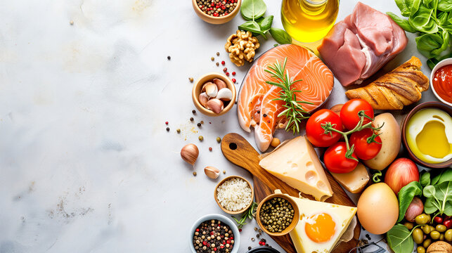 Keto Diet - Healthy Food, Diet Lunch Concept. Salmon Steak, Beef, Beans, Nuts, Vegetables and Oil. Horizontal Image, Top View.