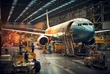 Fototapeta  - Passenger airplane on maintenance of engine and fuselage check repair in airport hangar. Inside aerospace hangar. Large passenger aircraft on service in an aviation hangar