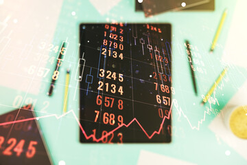 Poster - Double exposure of abstract creative statistics data hologram and modern digital tablet on background, analytics and forecasting concept