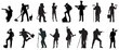 People with various occupations professions standing together in row vector flat black silhouettes set collection.