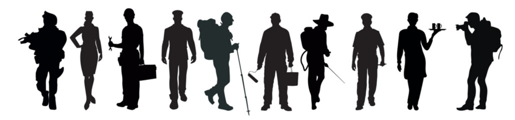 People with various occupations professions standing together.  silhouettes set collection of diverse professional on isolated white background. 