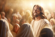 Jesus Christ In White Clothes And Loving Peaceful Face Teaching Crowd In Heaven Light