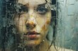 Beautiful woman portrait shot through cracked glass window. Generative Ai