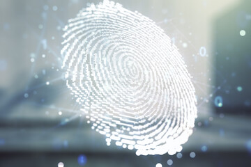 Aufkleber - Abstract virtual fingerprint hologram on blurry modern office building background. Multiexposure