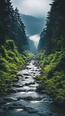 Wall Mural - Mountain landscape with a mountain river flowing among fir trees.