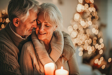 A senior couple holding hands and smiling at each other in a cozy indoor