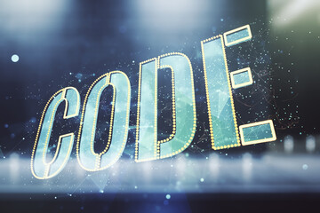 Aufkleber - Code word hologram on blurry contemporary office building background, international software development concept. Multiexposure