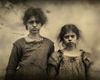 Two poor girls portrait in style of 1920s black and white photography. Scratched, worn, old look. Generative Ai