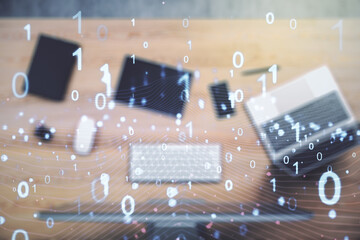Aufkleber - Creative concept of binary code illustration on modern laptop background. Big data and coding concept. Multiexposure