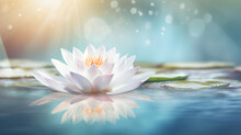 Zen Garden Serenity: Lotus Blossom Floating On Calm Water With Soft Bokeh Reflection In Nature's Tranquil Beauty