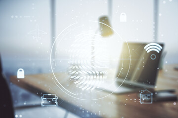 Aufkleber - Double exposure of abstract creative fingerprint hologram on laptop background, research and development concept