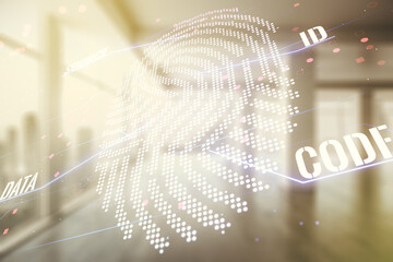 Aufkleber - Multi exposure of virtual abstract fingerprint illustration on abstract empty interior background, digital access concept