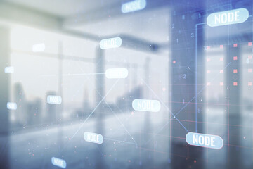 Aufkleber - Double exposure of abstract creative programming illustration on empty room interior background, big data and blockchain concept