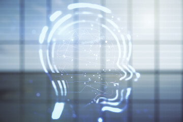 Aufkleber - Abstract virtual artificial Intelligence interface with human head hologram on empty corporate office background. Multiexposure