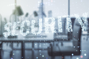 Poster - Virtual cyber security creative concept on a modern furnished office background. Double exposure