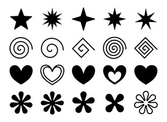 Wall Mural - Collection of isolated stars, spirals, hearts, and flowers - Set of simple elements for minimalist decorative designs - Vector ornaments