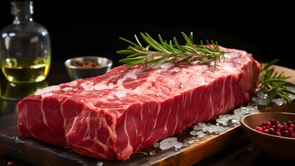 Wall Mural - raw red meat, beef steak close-up on the kitchen table. cooking at home.