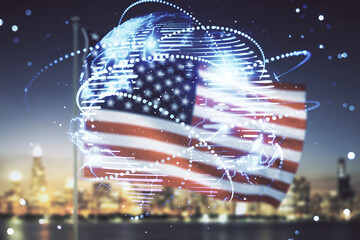 Poster - Double exposure of abstract digital world map hologram with connections on USA flag and blurry cityscape background, research and strategy concept