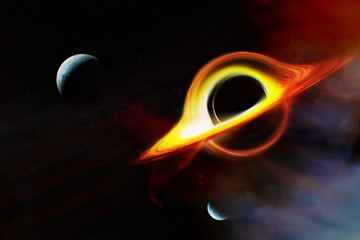Wall Mural - black hole absorbing light and alient planets in deep space. realistic science fiction art. elements