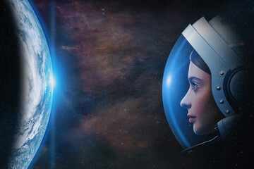 Wall Mural - attractive woman astronaut against earth planet in outer space. elements of this image furnished by 