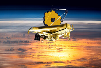 Wall Mural - James Webb telescope on low-orbit with sun light. JWST launch art. Elements of this image furnished by NASA.