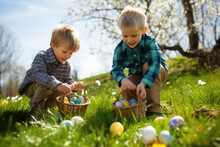 Two Boys During Easter Egg Hunt And Putting Easter Eggs In Baskets