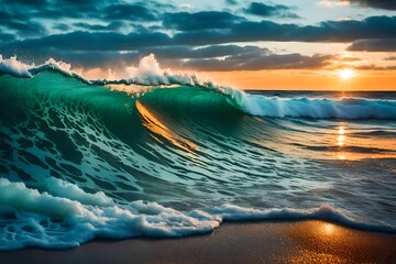 Poster - sunset over the sea, Turquoise Waves Breaking on the Beach at Sunset stock photo