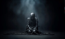 A Dramatic Portrayal Of A Figure Sitting In The Dark Bound By Heavy Chains, Symbolizing Captivity And Despair
