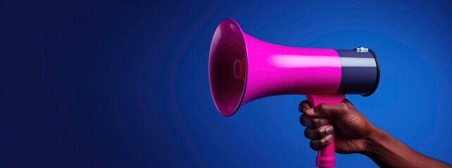 Wall Mural - hand holding magenta megaphone on navy blue background for advertising campaign with copy space