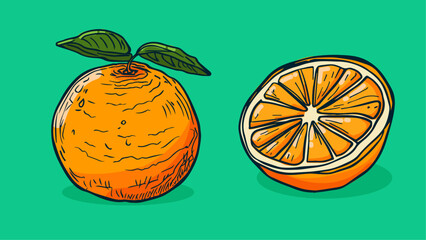 Wall Mural - Set of Orange fruit, Vector illustration in one line sketch style, flat hand drawn sketch, Colorful fruit with shadow and light, isolated on colored background.