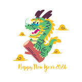 Fototapeta Dinusie - A GREEN DRAGON IS HOLDING A WOOD NEW YEAR VECTOR