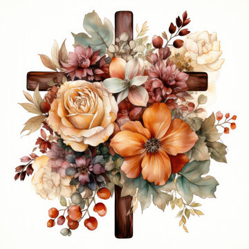 watercolor Vintage Fall Cross Sublimation, Generative Ai