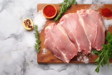 Wall Mural - raw poultry meat, fillet pieces on the kitchen table. cooking at home.