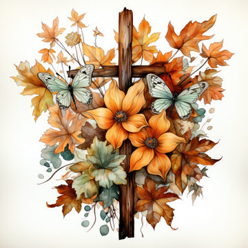 watercolor Vintage Fall Cross Sublimation, Generative Ai