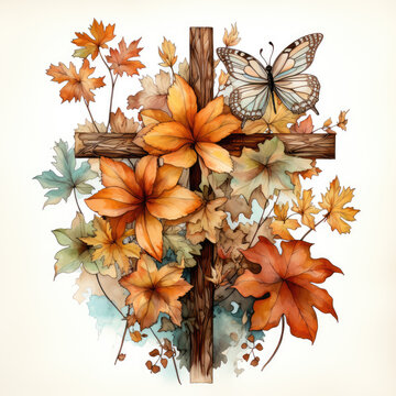 watercolor Vintage Fall Cross Sublimation, Generative Ai
