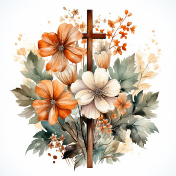 watercolor Vintage Fall Cross Sublimation, Generative Ai