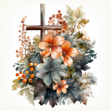 watercolor Vintage Fall Cross Sublimation, Generative Ai